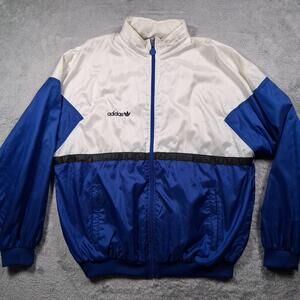 VINTAGE Adidas Windbreaker Jacket Mens Large Blue White Colorblock Full Zip 80s
